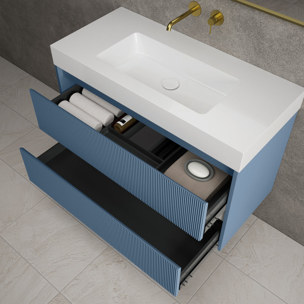 Scanalato Double Drawer Vanity Unit  With Beyondstone BLOC Basin - Soft Blue 1000mm