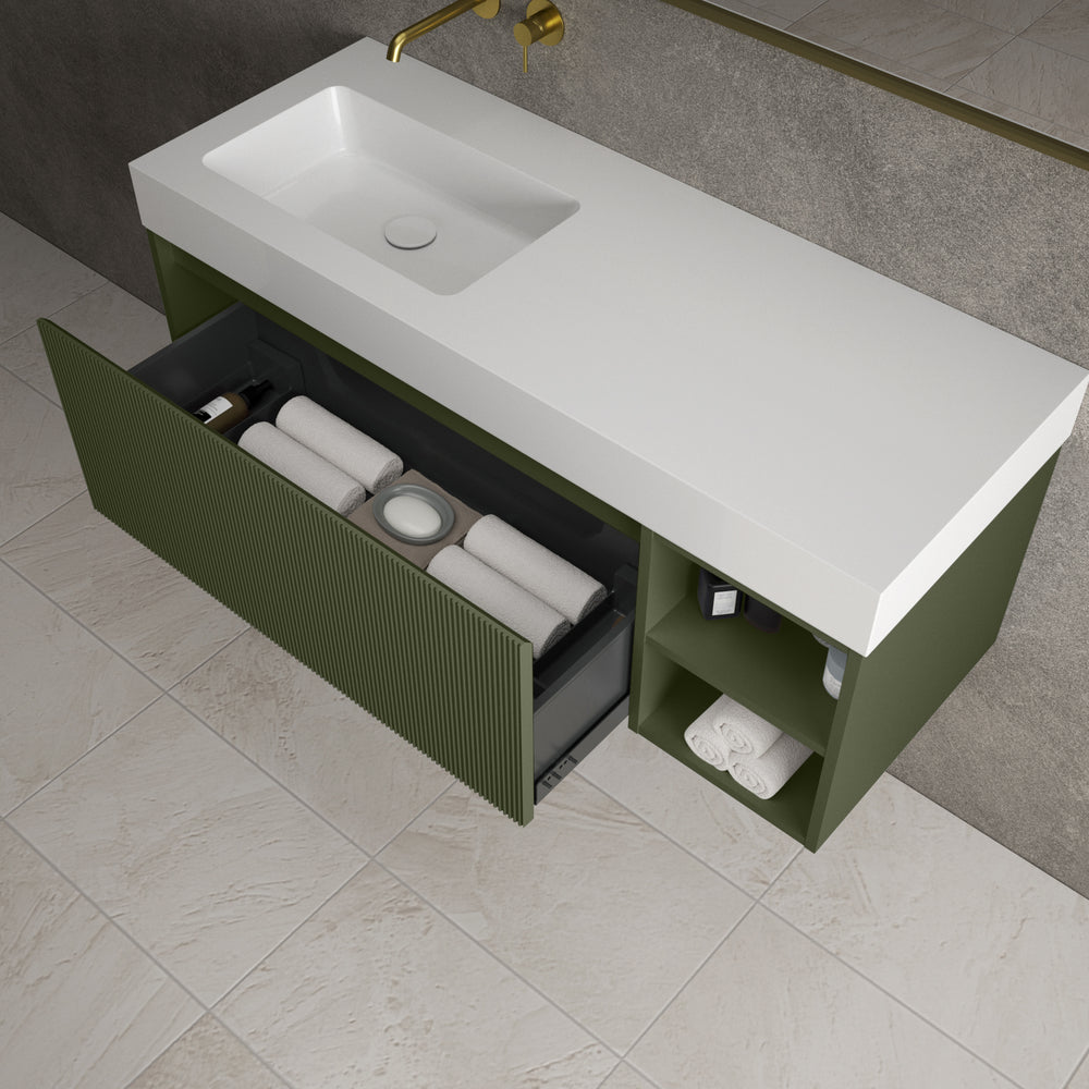 Scanalato Single Drawer Vanity Unit With Open Storage Space And Beyondstone BLOC Basin - Seaweed 1200mm