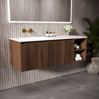 Scanalato Single Drawer Vanity Unit With Open Storage Space And Left hand Beyondstone Basin - Walnut 1200mm