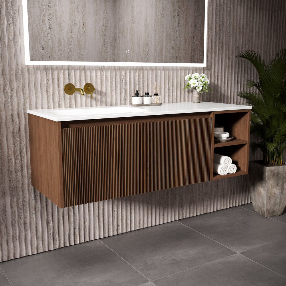 Scanalato Single Drawer Vanity Unit With Open Storage Space And Beyondstone Basin - Walnut 1200mm