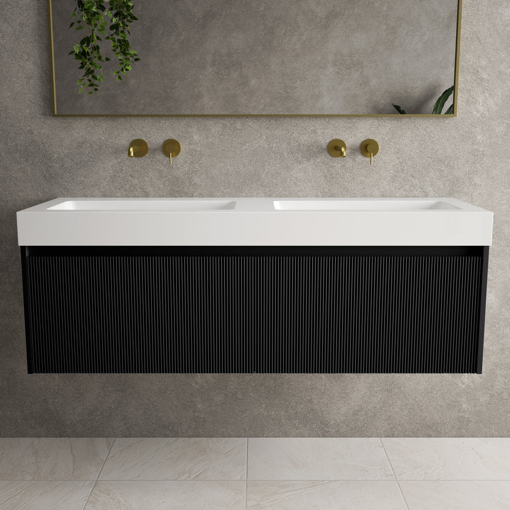 Scanalato Double Drawer Vanity Unit With Beyondstone BLOC Double Basin - Pure Black 1400mm