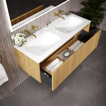 Scanalato Single Drawer Vanity Unit With Beyondstone Double Basin - Oak 1200mm