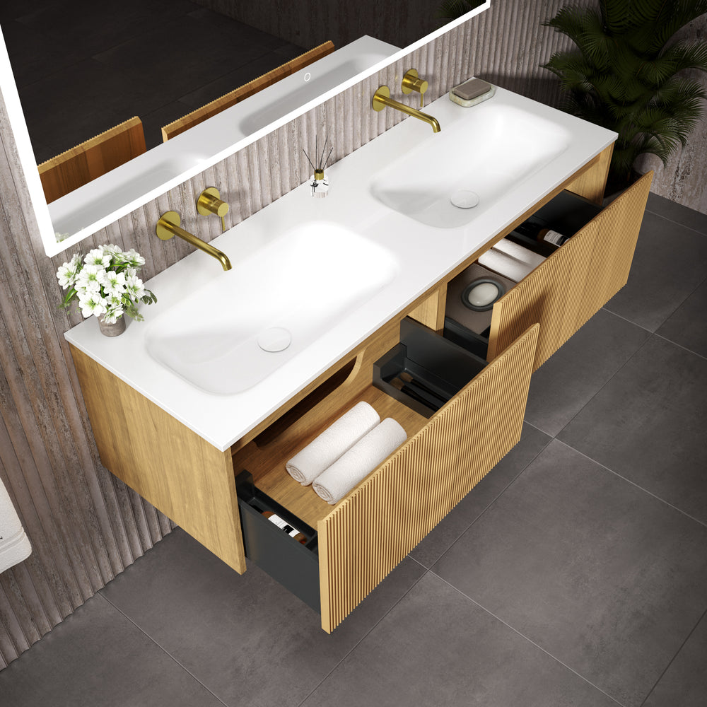 Scanalato Double Drawer Vanity Unit With Beyondstone Double Basin - Oak 1400mm