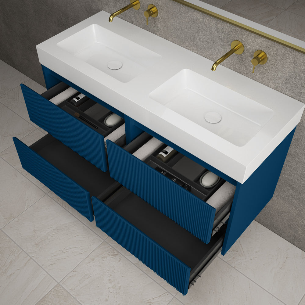 Scanalato Four Drawer Vanity Unit With Beyondstone BLOC Double Basin - Ocean Blue 1200mm