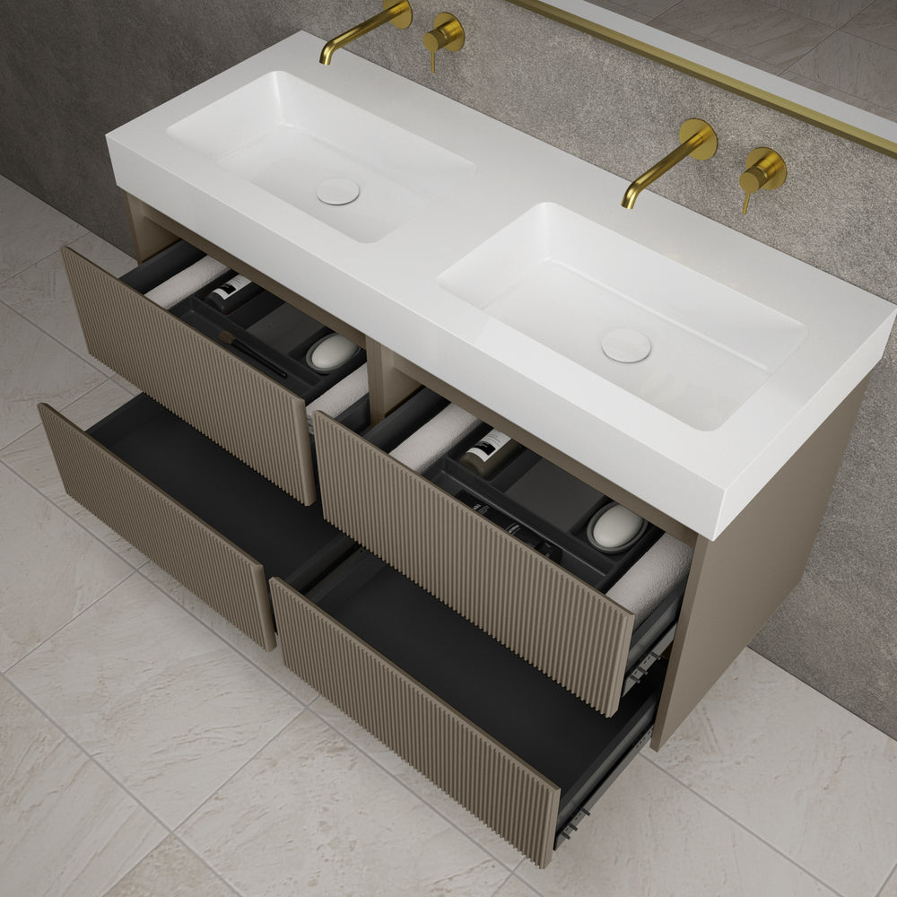Scanalato Four Drawer Vanity Unit With Beyondstone BLOC Double Basin - Soft Taupe 1200mm
