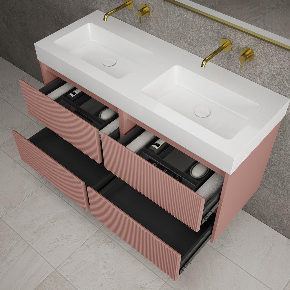 Scanalato Four Drawer Vanity Unit With Beyondstone BLOC Double Basin - Dusky Pink 1200mm