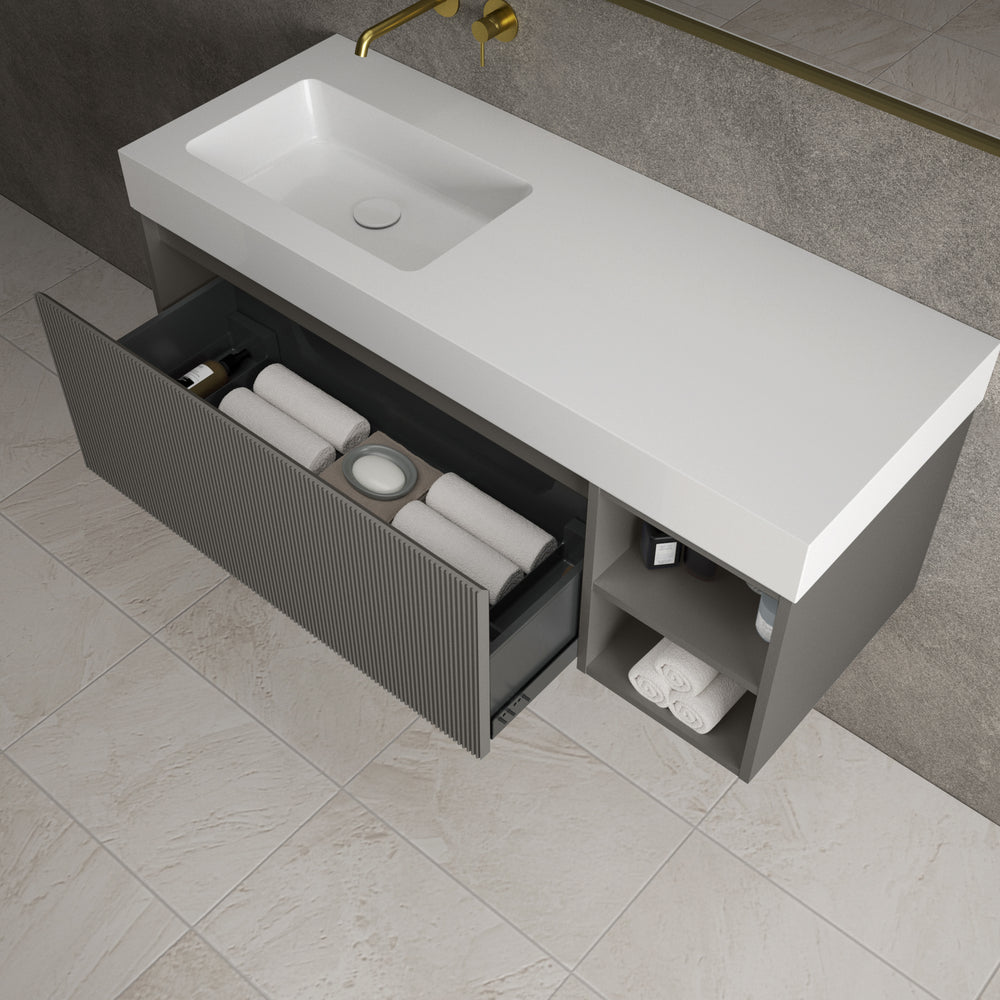 Scanalato Single Drawer Vanity Unit With Open Storage Space And Beyondstone BLOC Basin - Rich Taupe 1200mm