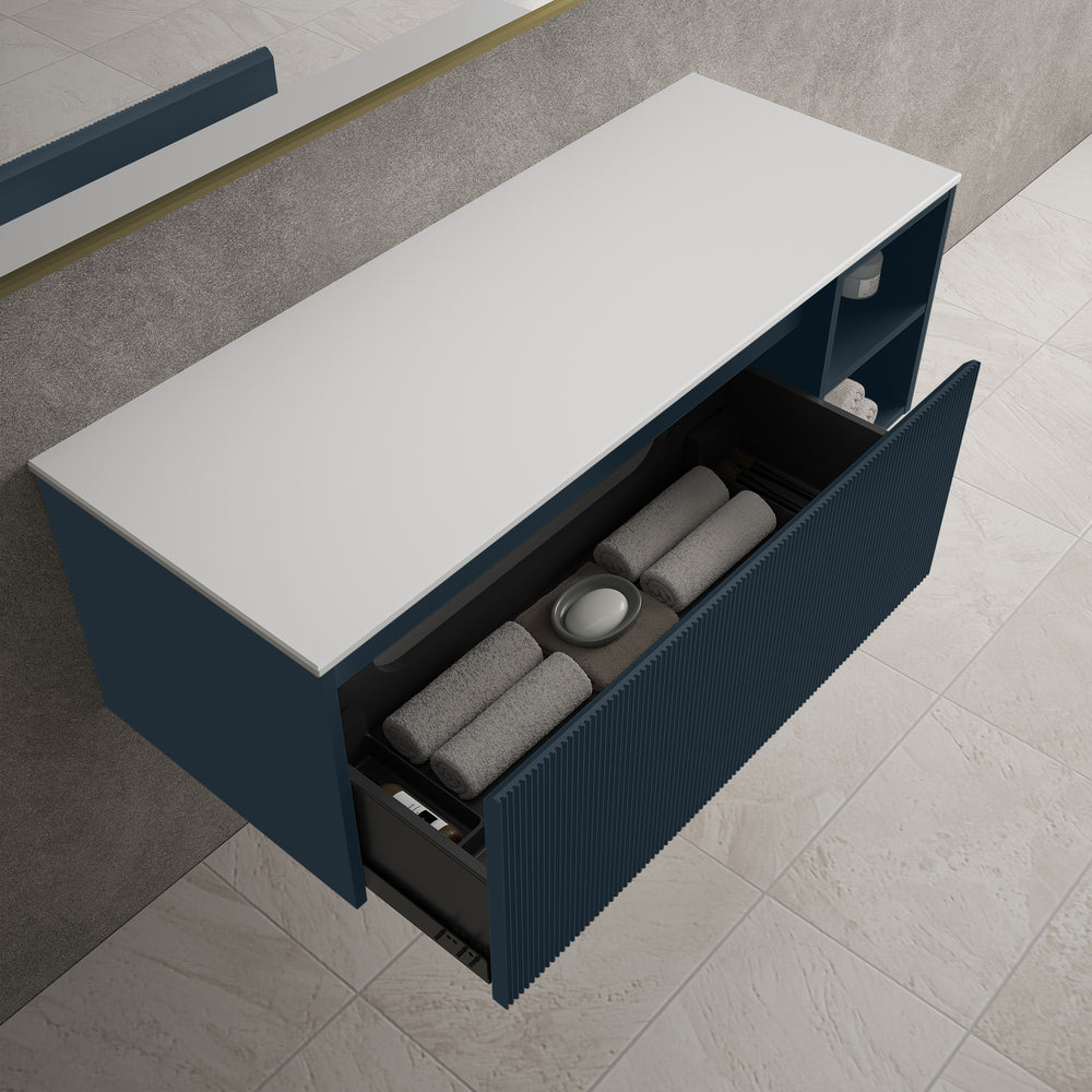 Scanalato Single Drawer Countertop Vanity Unit With Open Storage Space - Midnight Blue 1200mm