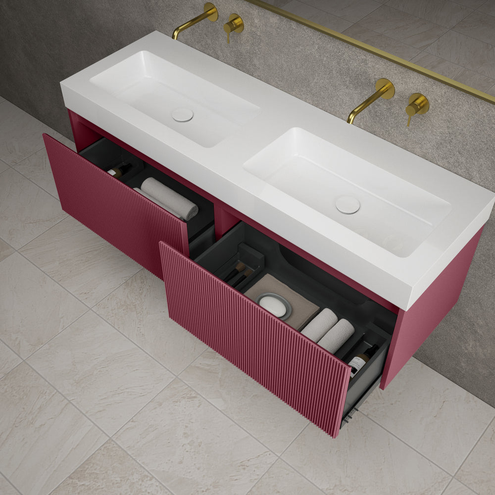 Scanalato Double Drawer Vanity Unit With Beyondstone BLOC Double Basin - Mineral Red 1400mm