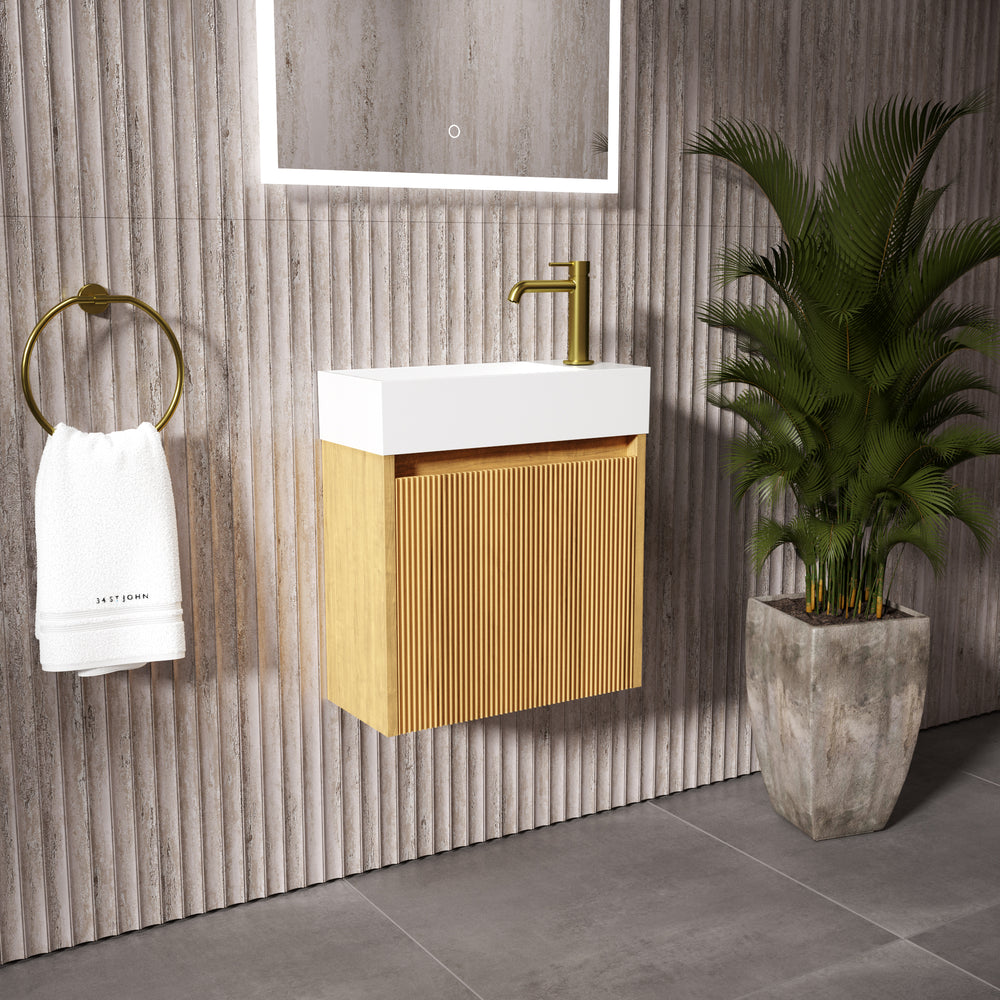 Scanalato Single Door Vanity Unit With Beyondstone Basin - Oak 450mm