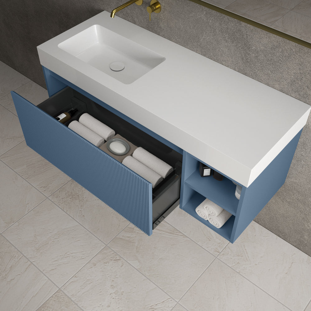 Scanalato Single Drawer Vanity Unit With Open Storage Space And Beyondstone BLOC Basin - Soft Blue 1200mm