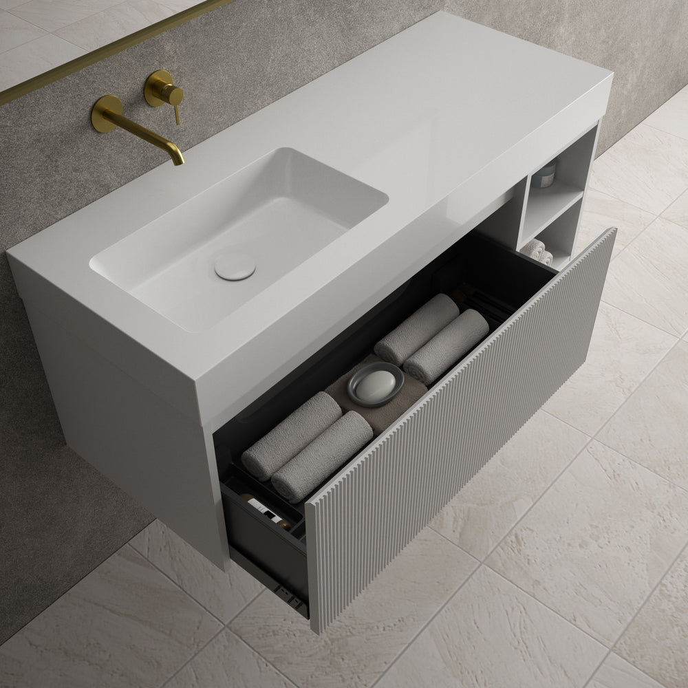 Scanalato Single Drawer Vanity Unit With Open Storage Space And Beyondstone BLOC Basin - Soft Grey 1200mm