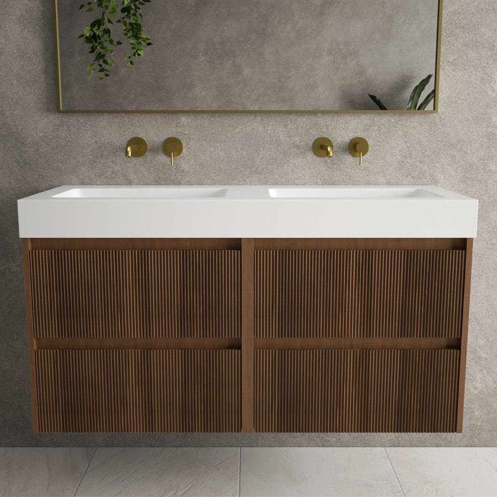 Scanalato Four Drawer Vanity Unit With Beyondstone BLOC Double Basin - Walnut 1200mm