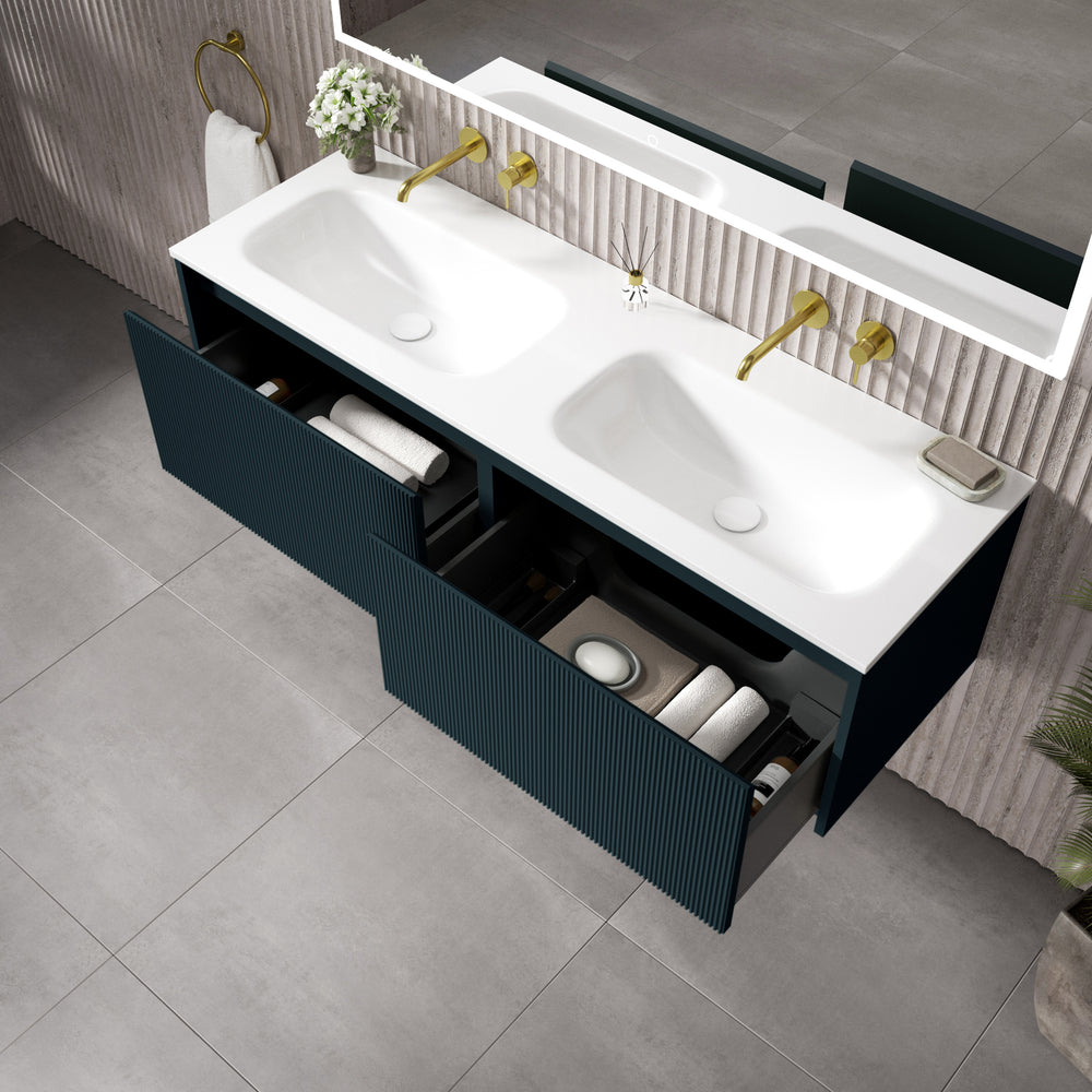 Scanalato Double Drawer Vanity Unit With Beyondstone Double Basin - Midnight Blue 1400mm