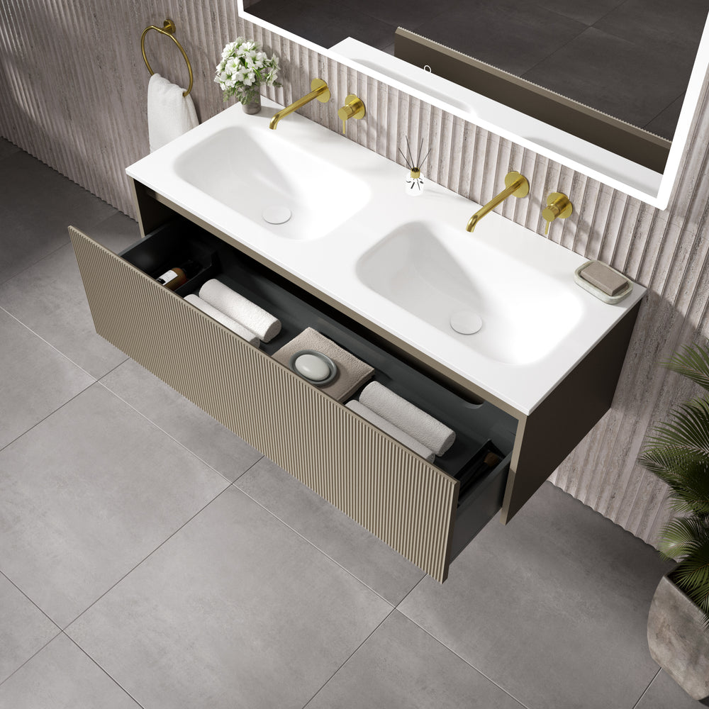 Scanalato Single Drawer Vanity Unit With Beyondstone Double Basin - Soft Taupe 1200mm