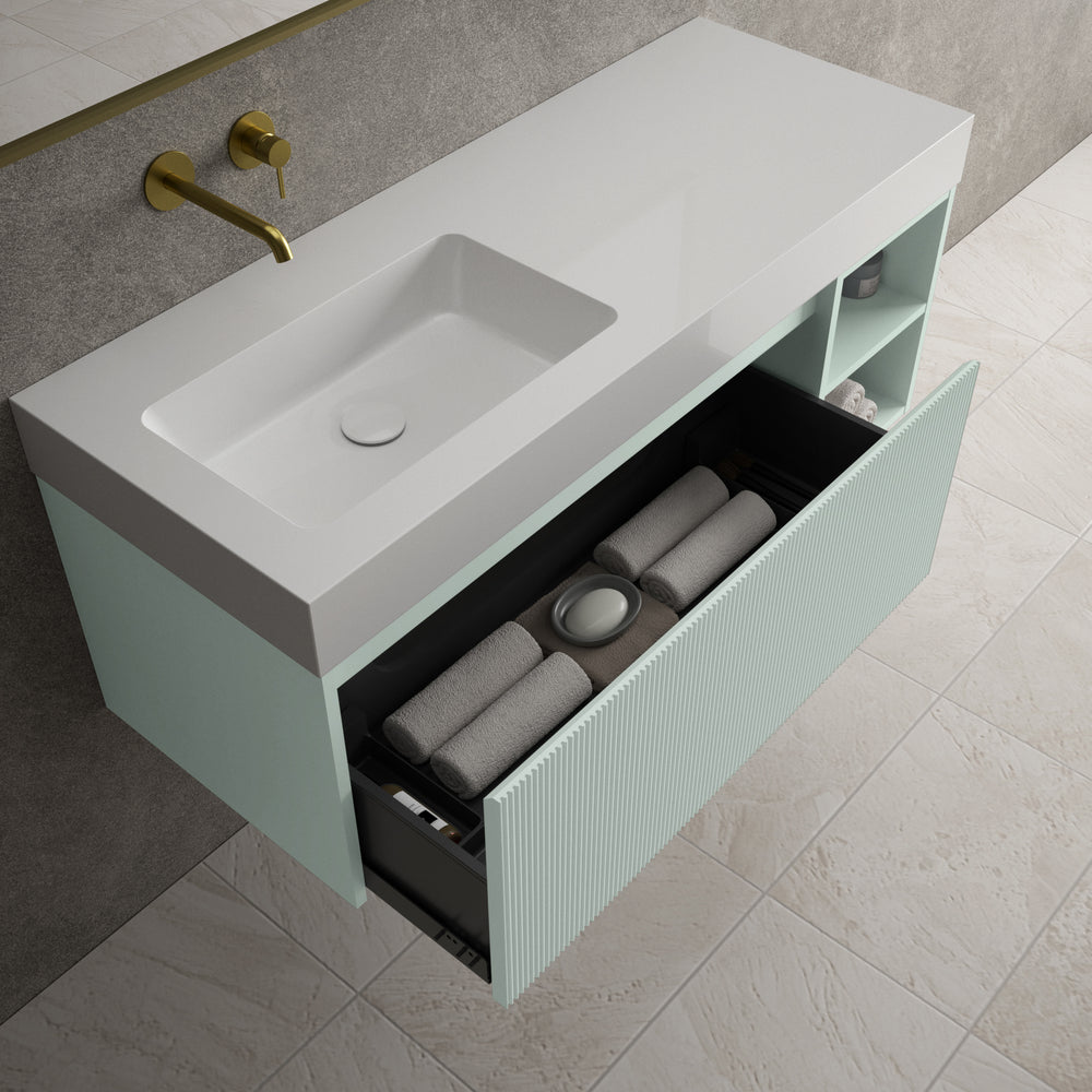 Scanalato Single Drawer Vanity Unit With Open Storage Space And Beyondstone BLOC Basin - Peppermint 1200mm