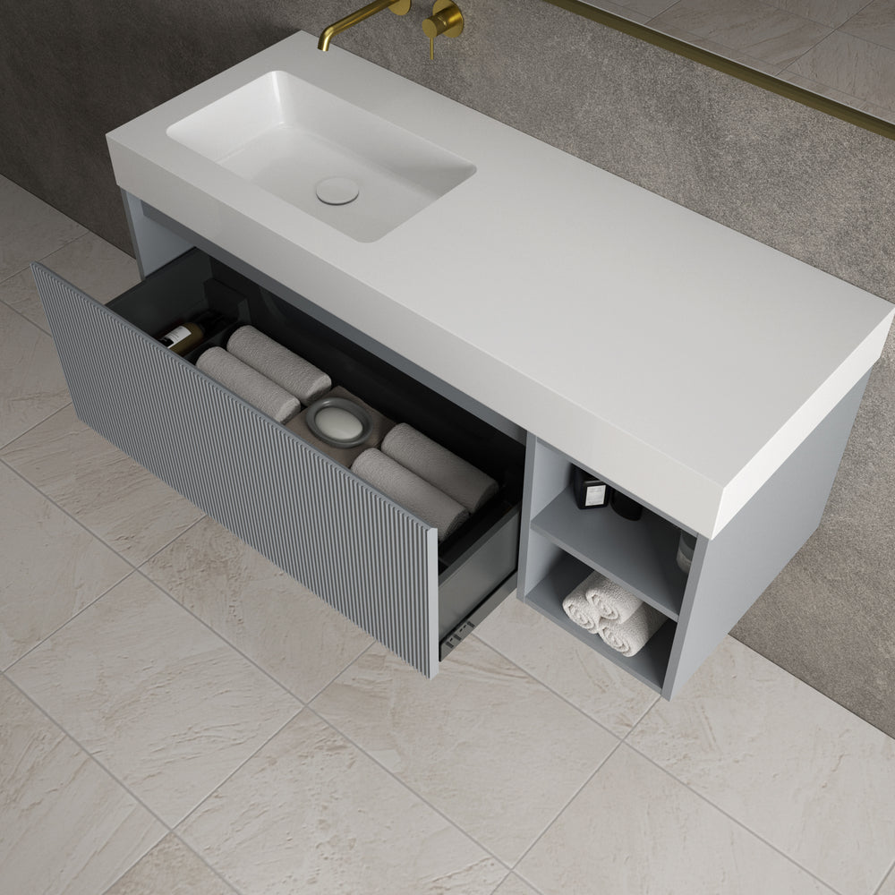 Scanalato Single Drawer Vanity Unit With Open Storage Space And Beyondstone BLOC Basin - Dove Grey 1200mm