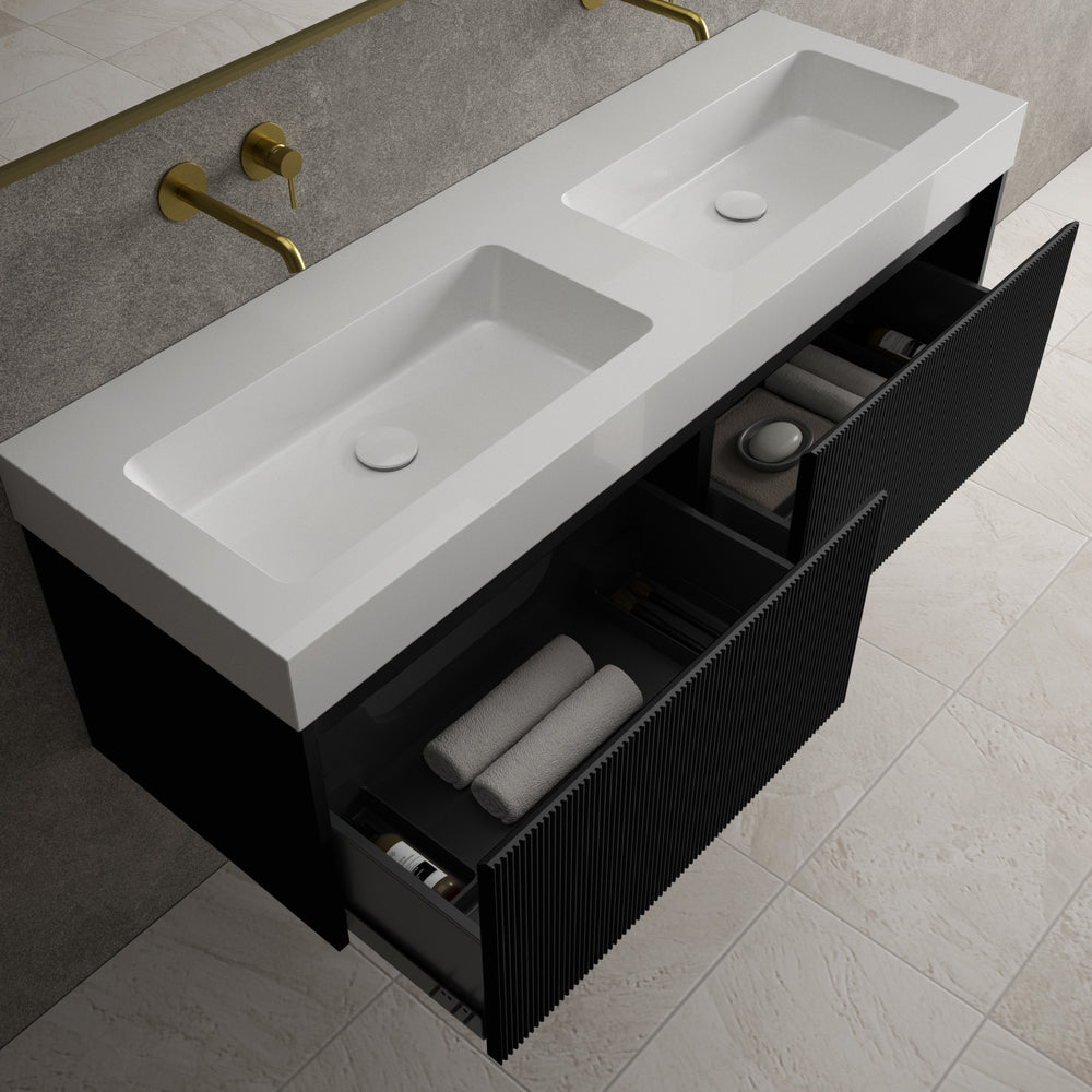 Scanalato Double Drawer Vanity Unit With Beyondstone BLOC Double Basin - Pure Black 1400mm