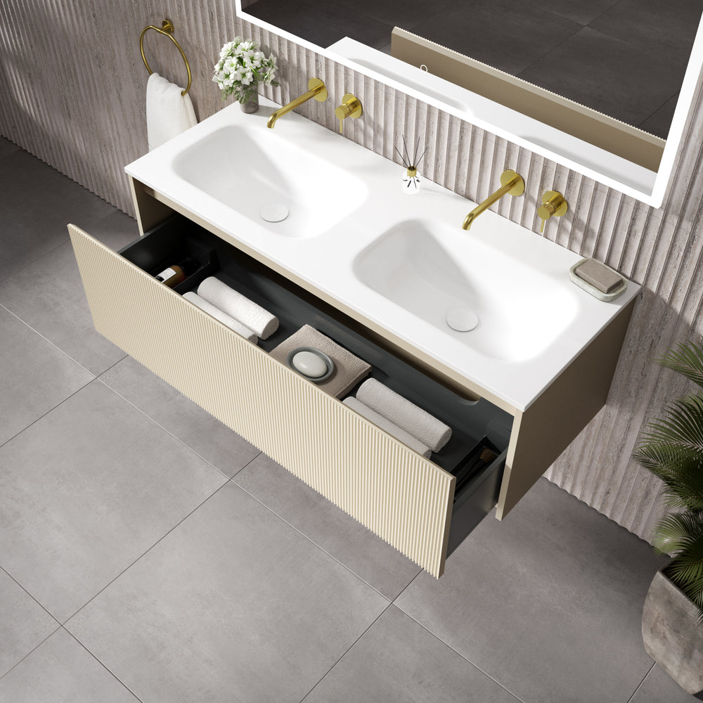 Scanalato Single Drawer Vanity Unit With Beyondstone Double Basin - Cashmere 1200mm