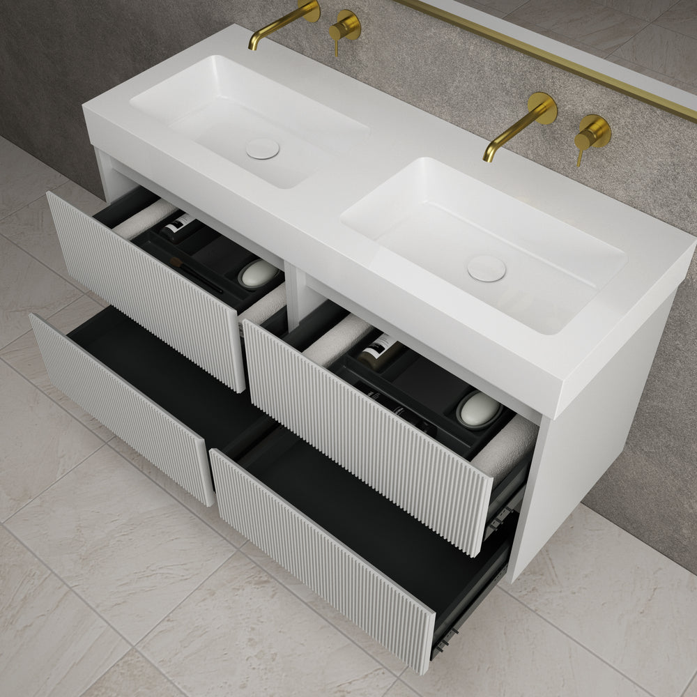 Scanalato Four Drawer Vanity Unit With Beyondstone BLOC Double Basin - Soft Grey 1200mm
