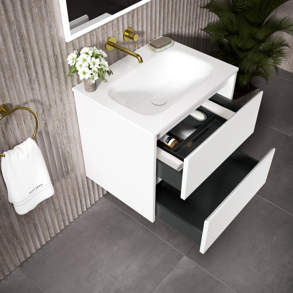 Scanalato Double Drawer Vanity Unit  With Beyondstone Basin - Pure White 600mm