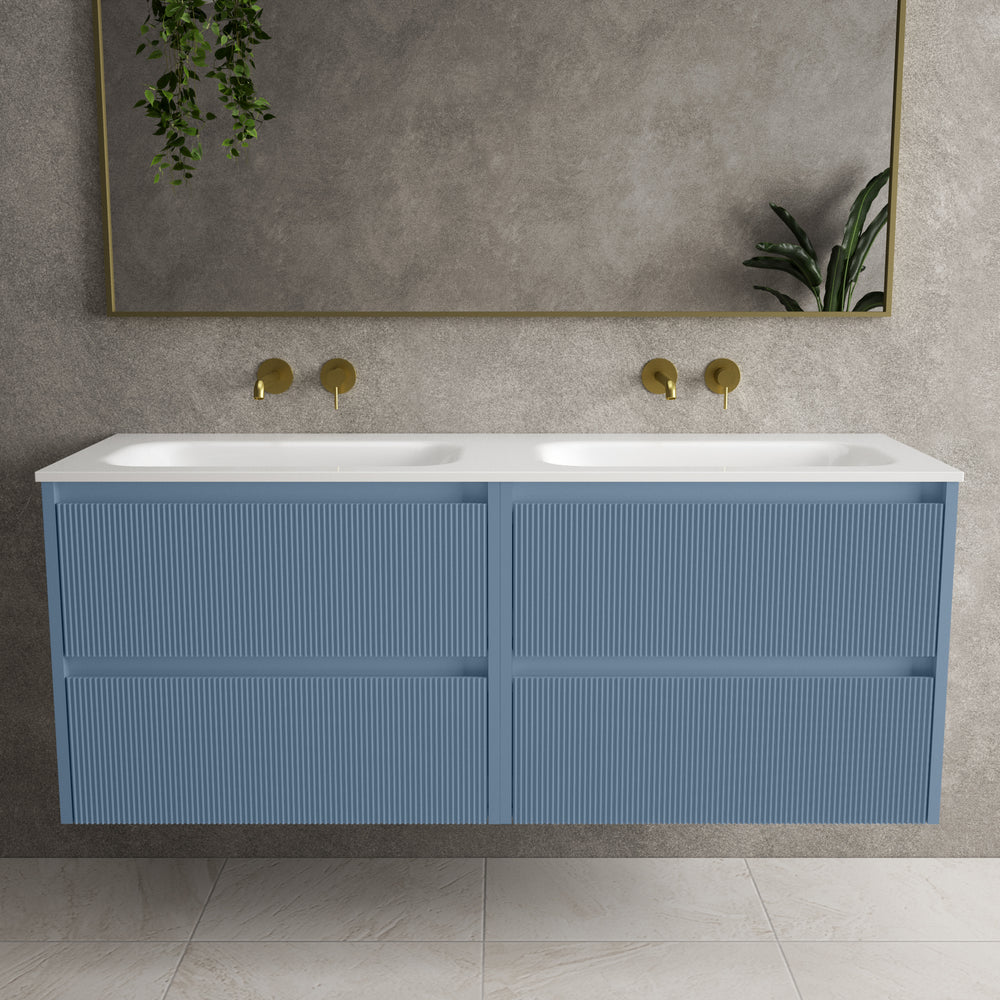 Scanalato Four Drawer Vanity Unit With Beyondstone Double Basin - Soft Blue 1400mm