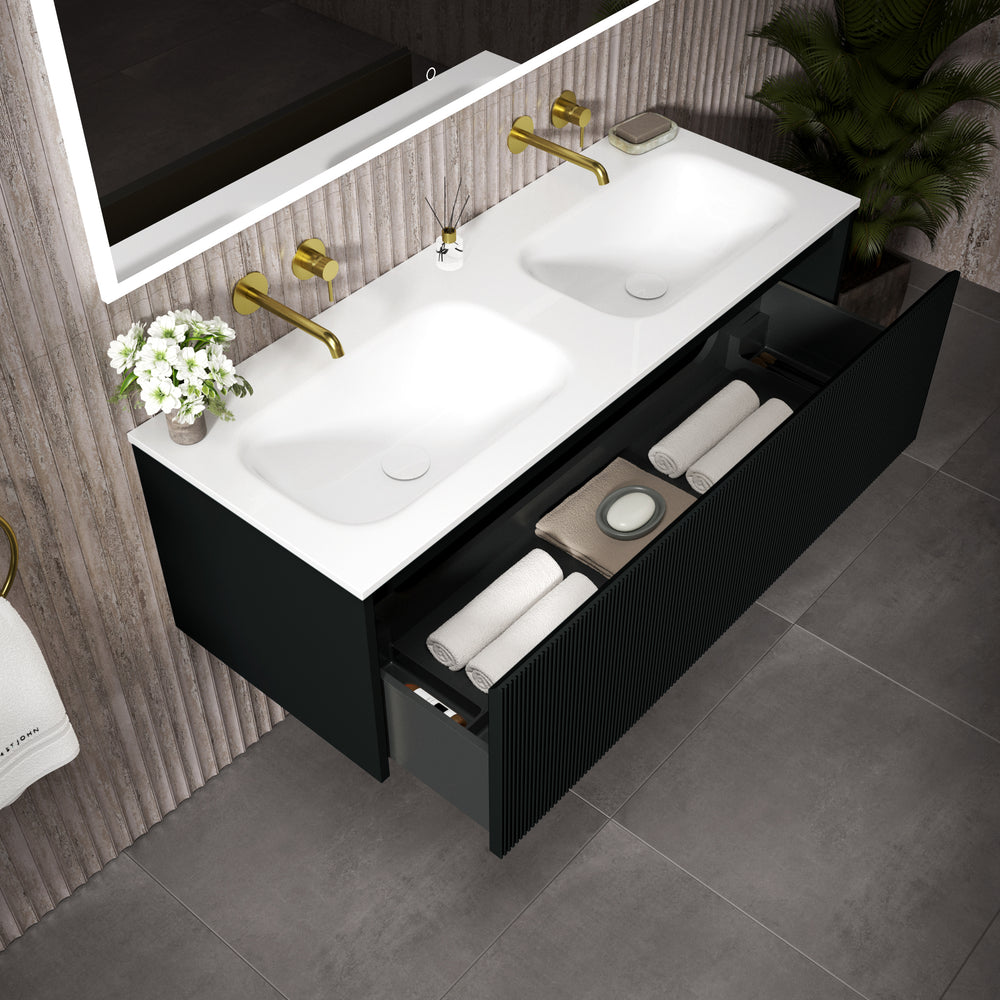 Scanalato Single Drawer Vanity Unit With Beyondstone Double Basin - Pure Black 1200mm