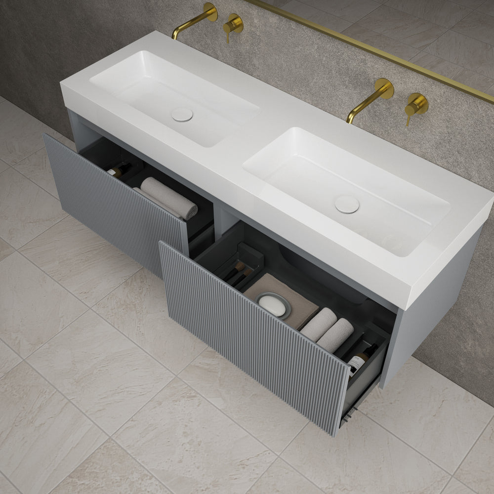 Scanalato Double Drawer Vanity Unit With Beyondstone BLOC Double Basin - Dove Grey 1400mm