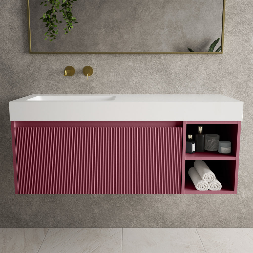 Scanalato Single Drawer Vanity Unit With Open Storage Space And Beyondstone BLOC Basin - Mineral Red 1200mm