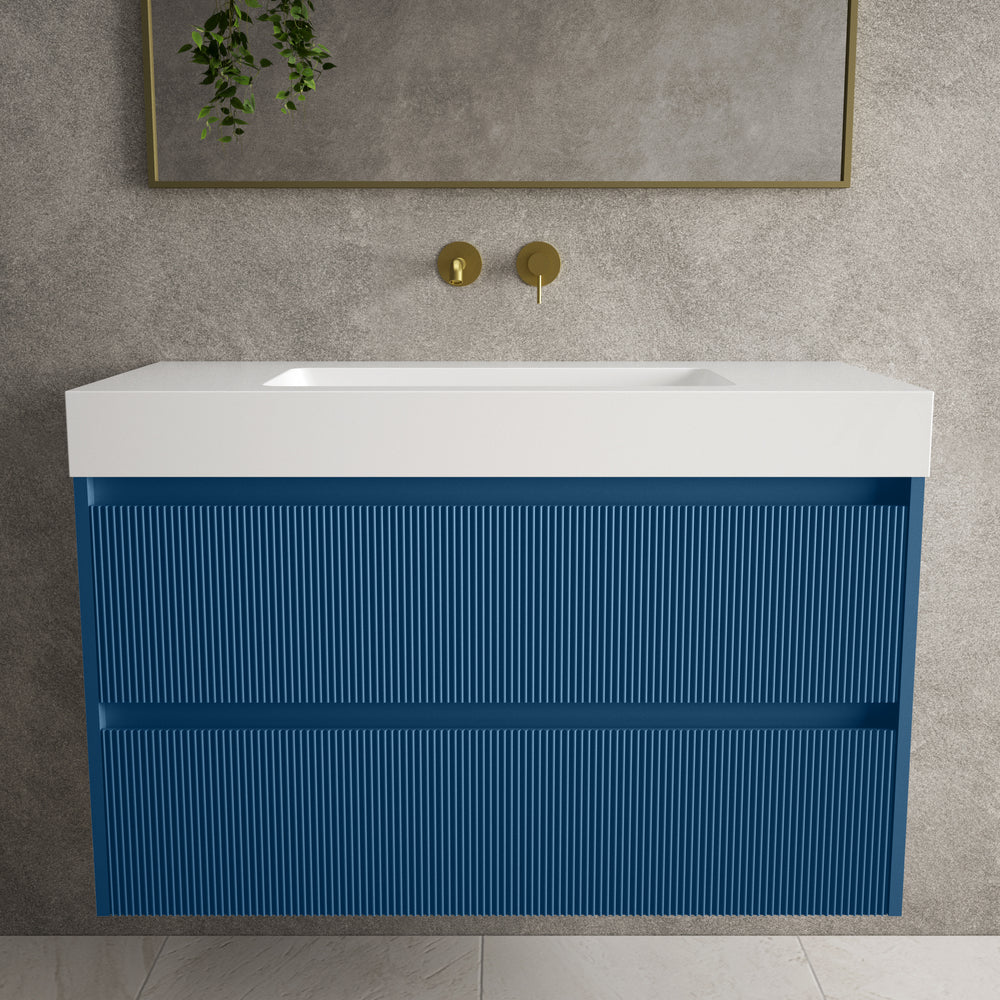 Scanalato Double Drawer Vanity Unit  With Beyondstone BLOC Basin - Ocean Blue 1000mm
