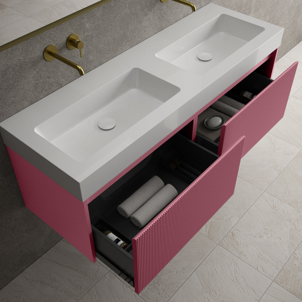 Scanalato Double Drawer Vanity Unit With Beyondstone BLOC Double Basin - Mineral Red 1400mm