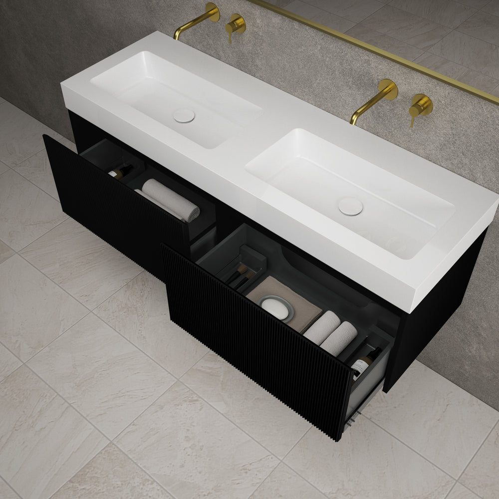 Scanalato Double Drawer Vanity Unit With Beyondstone BLOC Double Basin - Pure Black 1400mm