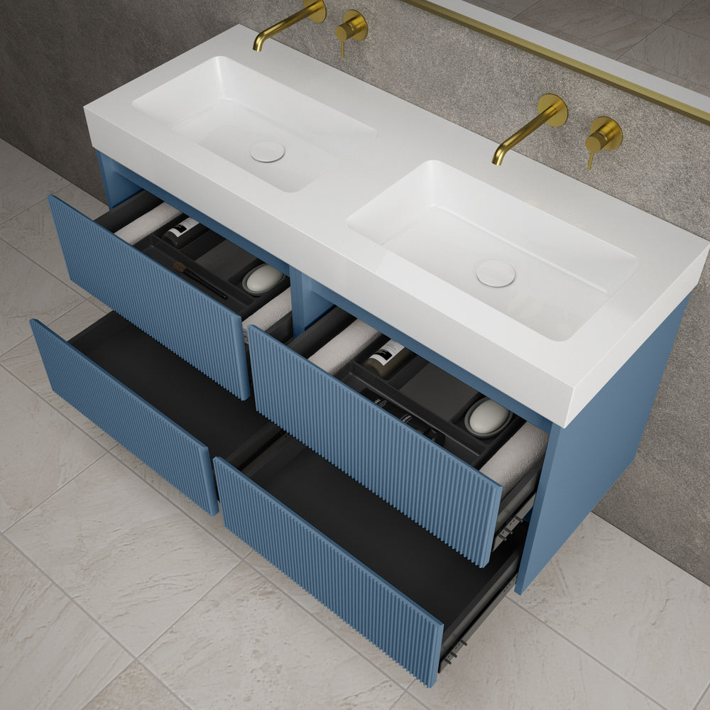 Scanalato Four Drawer Vanity Unit With Beyondstone BLOC Double Basin - Soft Blue 1200mm