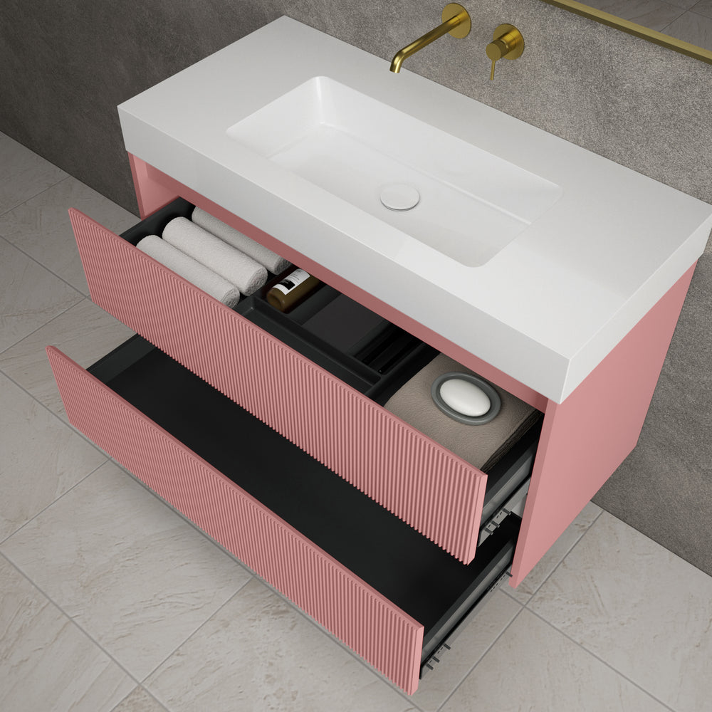 Scanalato Double Drawer Vanity Unit  With Beyondstone BLOC Basin - Dusky Pink 1000mm