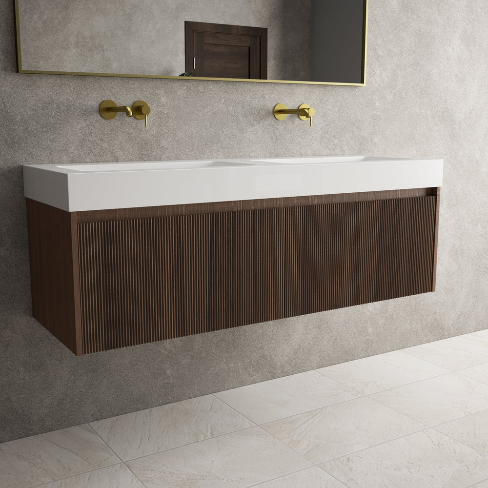 Scanalato Double Drawer Vanity Unit With Beyondstone BLOC Double Basin - Walnut 1400mm