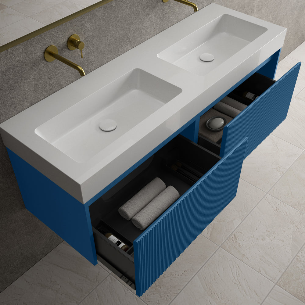 Scanalato Double Drawer Vanity Unit With Beyondstone BLOC Double Basin - Ocean Blue 1400mm