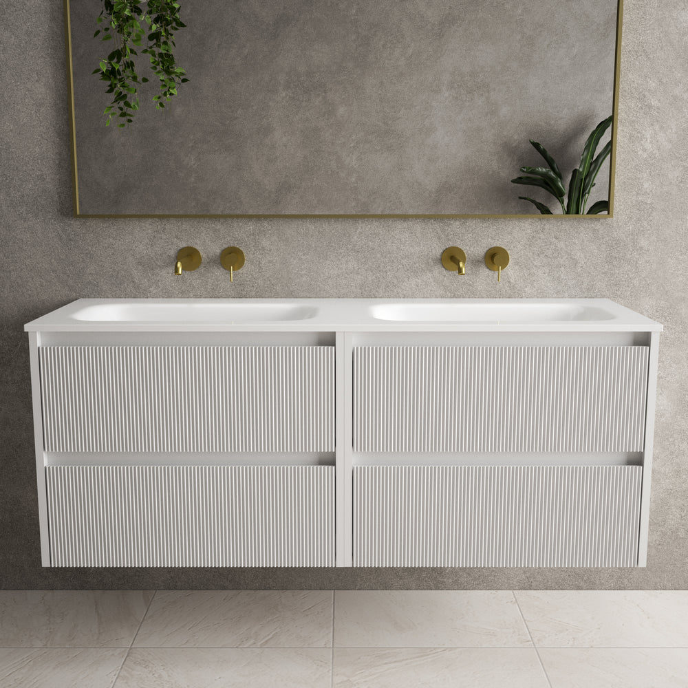 Scanalato Four Drawer Vanity Unit With Beyondstone Double Basin - Soft Grey 1400mm