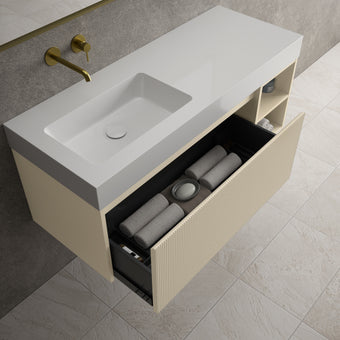 Scanalato Single Drawer Vanity Unit With Open Storage Space And Beyondstone BLOC Basin - Cashmere 1200mm