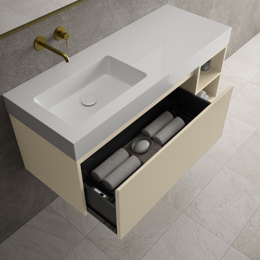 Scanalato Single Drawer Vanity Unit With Open Storage Space And Beyondstone BLOC Basin - Cashmere 1200mm