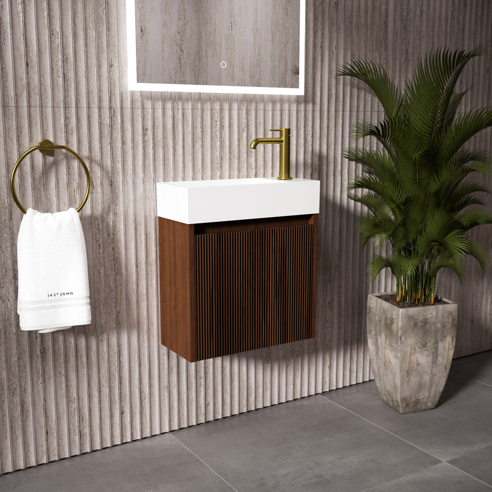 Scanalato Single Door Vanity Unit With Beyondstone Basin - Walnut 450mm