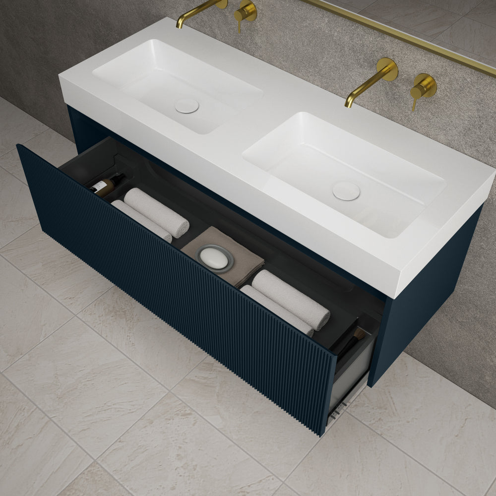 Scanalato Single Drawer Vanity Unit With Beyondstone BLOC Double Basin - Midnight Blue 1200mm