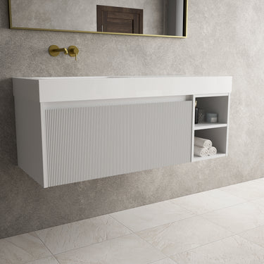 Scanalato Single Drawer Vanity Unit With Open Storage Space And Beyondstone BLOC Basin - Soft Grey 1200mm