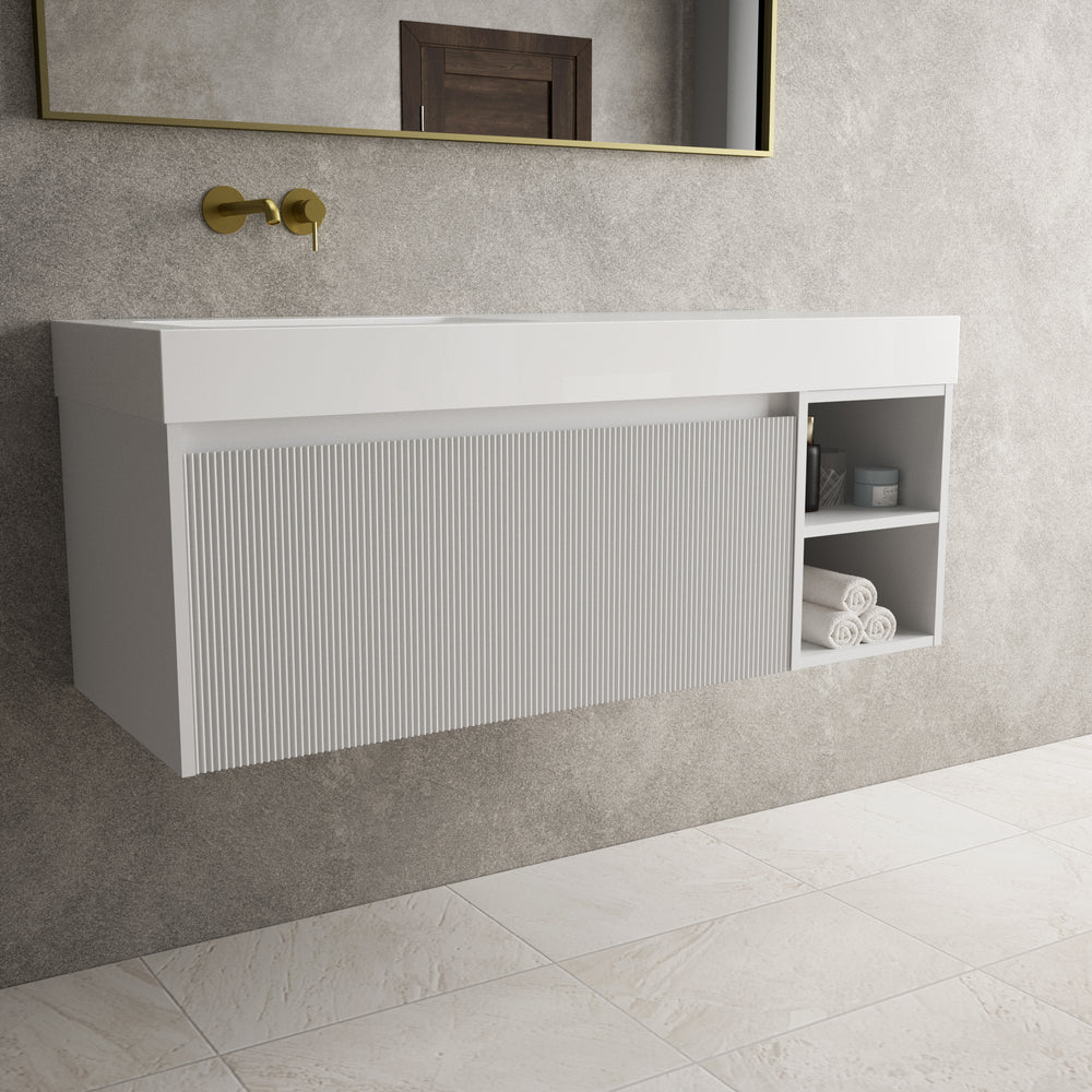 Scanalato Single Drawer Vanity Unit With Open Storage Space And Beyondstone BLOC Basin - Soft Grey 1200mm