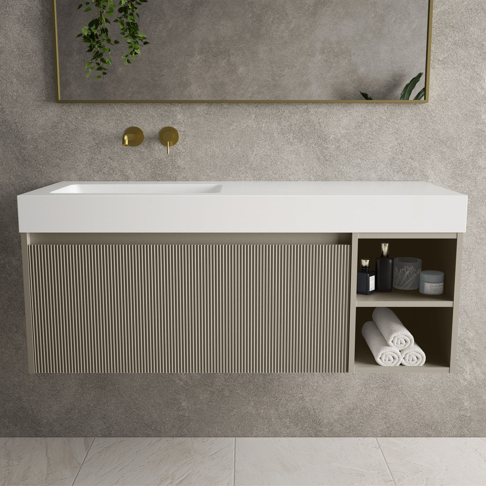 Scanalato Single Drawer Vanity Unit With Open Storage Space And Beyondstone BLOC Basin - Soft Taupe 1200mm