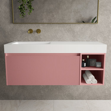 Scanalato Single Drawer Vanity Unit With Open Storage Space And Beyondstone BLOC Basin - Dusky Pink 1200mm