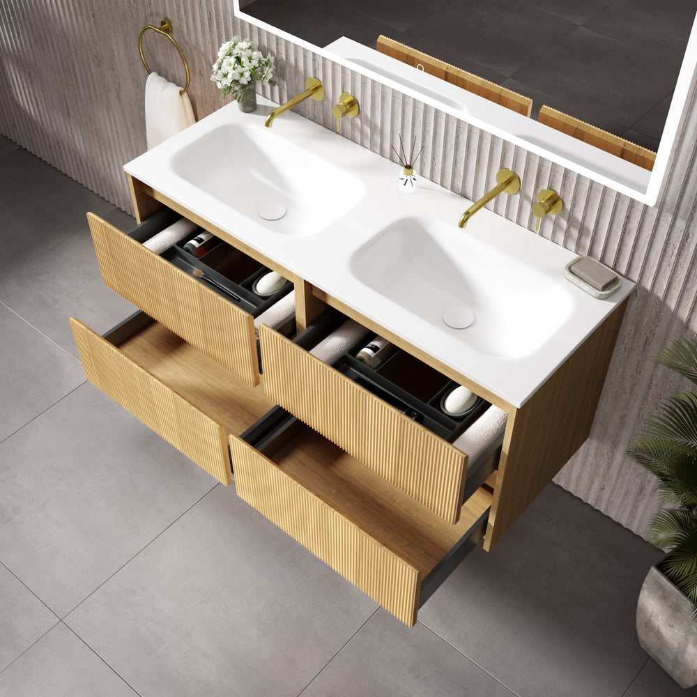 Scanalato Four Drawer Vanity Unit With Beyondstone Double Basin - Oak 1200mm
