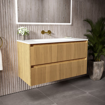 Scanalato Double Drawer Vanity Unit  With Beyondstone Basin - Oak 1000mm