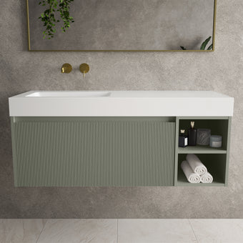 Scanalato Single Drawer Vanity Unit With Open Storage Space And Beyondstone BLOC Basin - Pistachio 1200mm