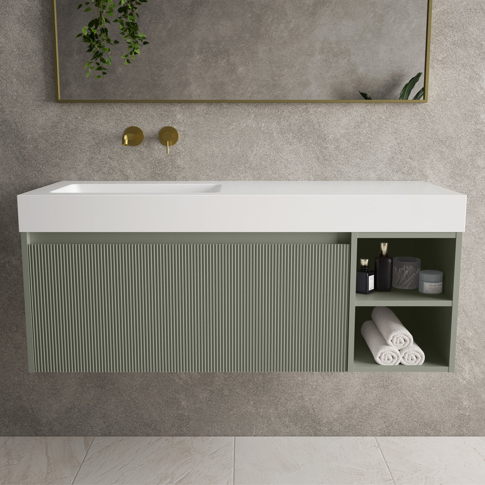 Scanalato Single Drawer Vanity Unit With Open Storage Space And Beyondstone BLOC Basin - Pistachio 1200mm