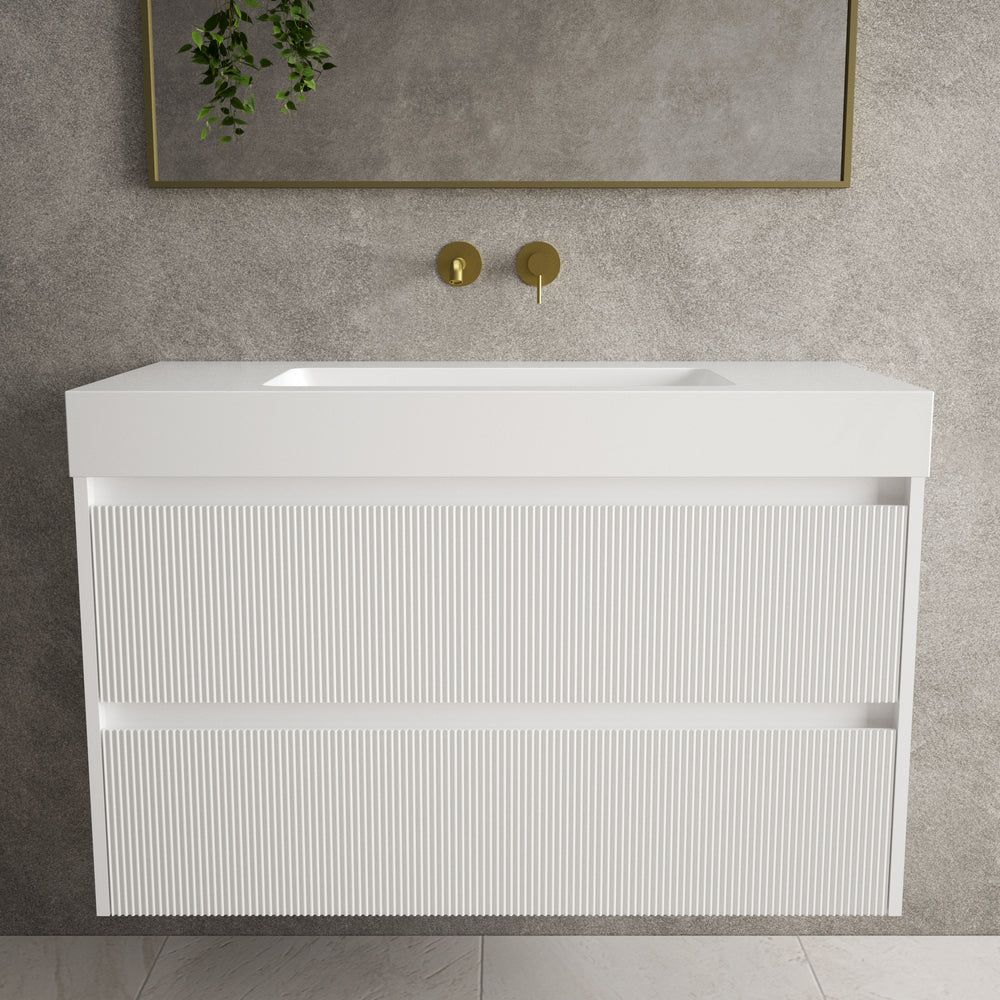 Scanalato Double Drawer Vanity Unit  With Beyondstone BLOC Basin - Pure White 1000mm